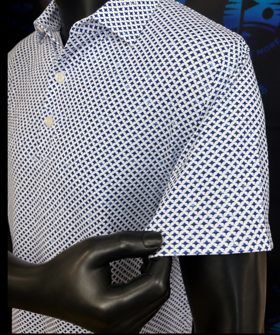 Men's Small Navy Blue and Light Blue Sting Ray Patterned Kenneth Cole Golf Shirt